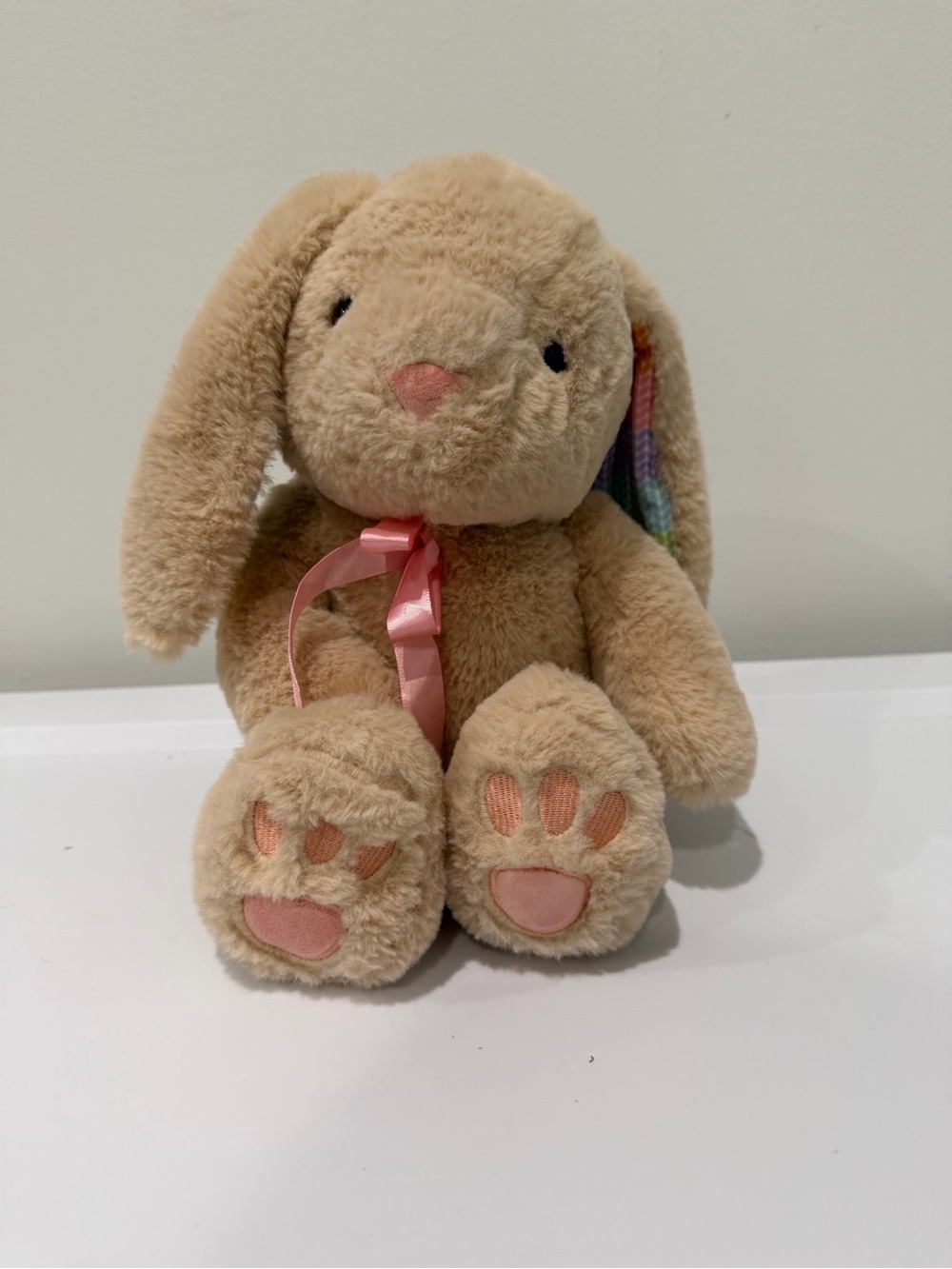 Source Unknown Beige Bunny Plush with Pink Ribbon and Paw Accents